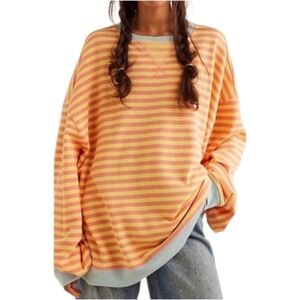 We The Free Classic Oversized Striped Crewneck, L, Tangerine Combo, NWOT